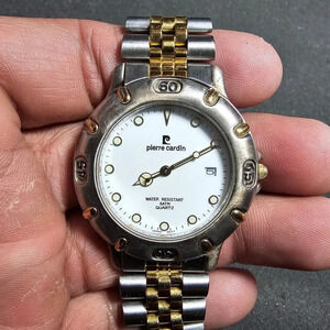 Pierre Cardin Silver Gold Tone Quartz Date Just Dial Mens Watch Working (31761)